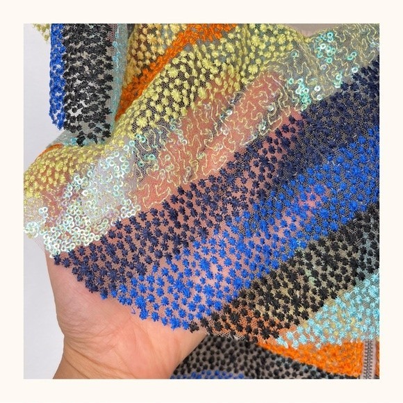 Alice + Olivia | Annabeth Sequin Embroidered Mesh Rainbow Striped Ruffle Dress - Picture 15 of 16